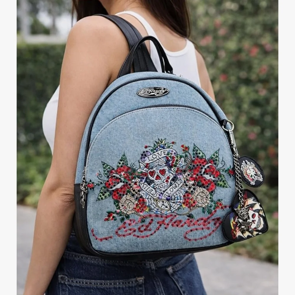 Ed Hardy Light Blue Denim Mini Backpack with Floral & Heart Embroidery Ed Hardy Backpack - Etsy main image 4